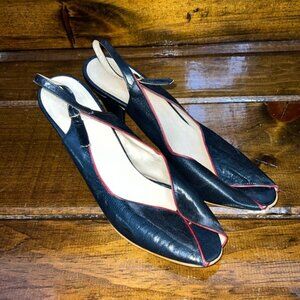 Vintage G. Fox & Co. Navy Blue Leather Peep Toe Slingback‎ Heels- 9